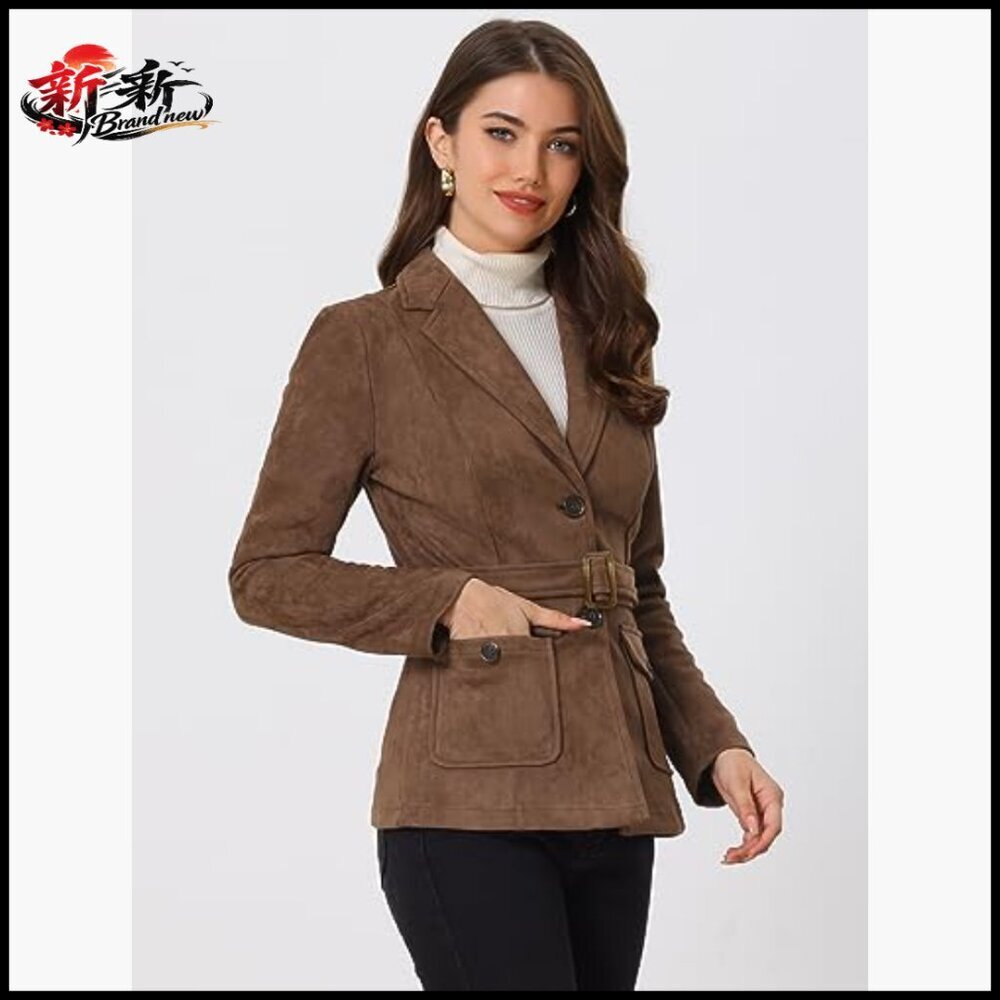 Faux Suede Blazer Jacket Belted Lapel Single Breasted Work Outwear - Picture 3 of 5